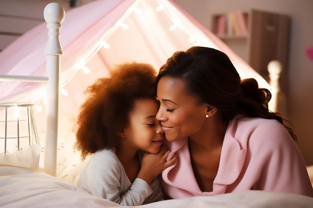 African American mother and daughter in pink clothes and in a pink children's room interior