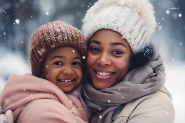 African American mother and son enjoying the winter in the outdoors