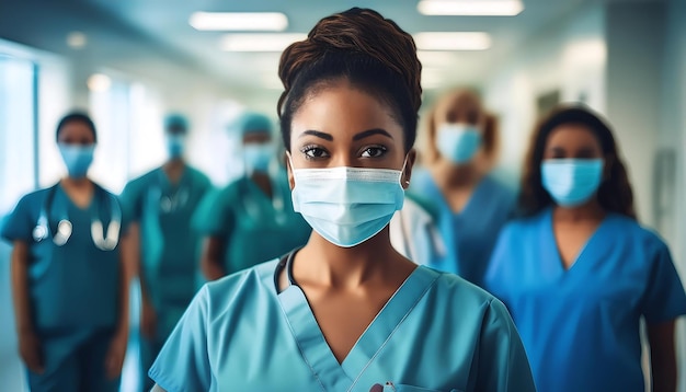 african american nurse with medical workers team in the hospital wearing face masks