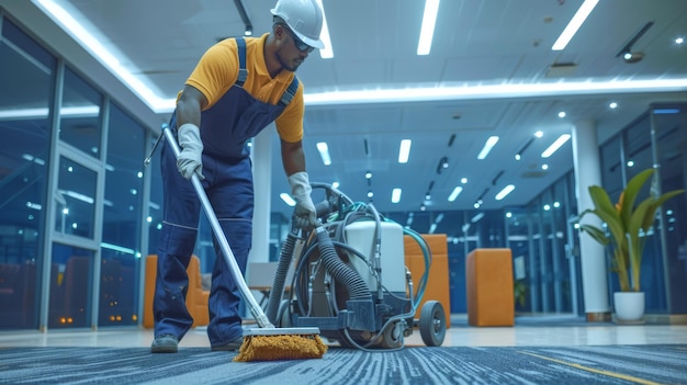 African American professional cleaning crew vacuuming office carpet Rug cleaning in corporate setting Concept of professional cleaning services commercial maintenance workplace hygiene Copy space