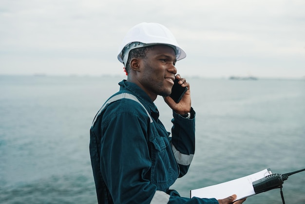 African American seaman speaking with family on cellphone