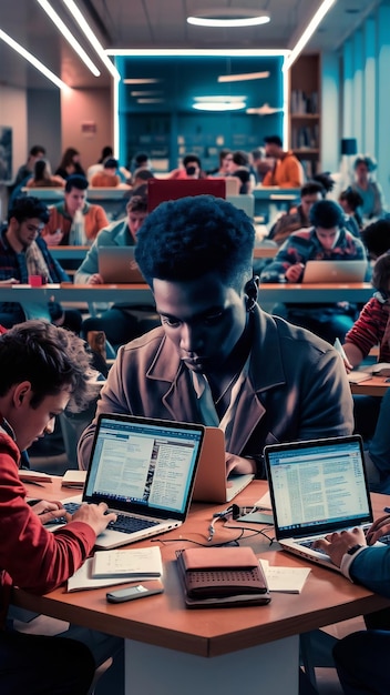 African American student guy using laptop computer in library interior studying online or preparin