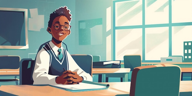 African American teen boy sits at desk in classroom smiling Minimalistic illustration features