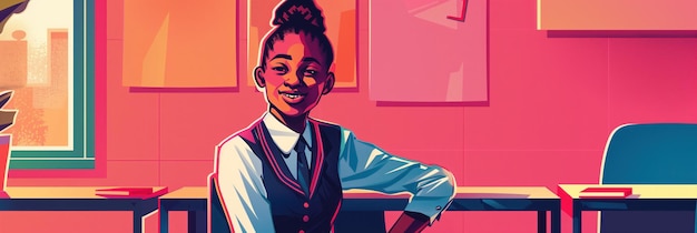 African American teen girl sits at desk in classroom with pink walls and white posters She wears