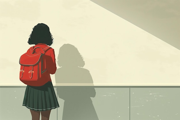 African American teen girl stands on balcony with red backpack black skirt and vibrant jacket