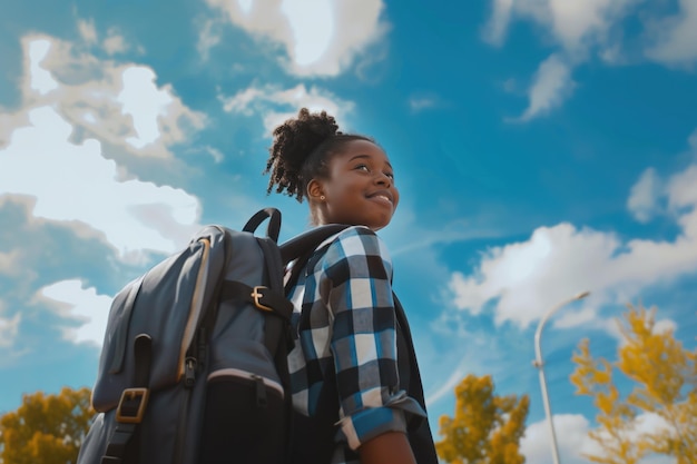 African American teenage girl walks on sidewalk with black backpack She wears blue and white plaid shirt Cloudy sky above creates soft diffused lighting effect highlighting her as main subject