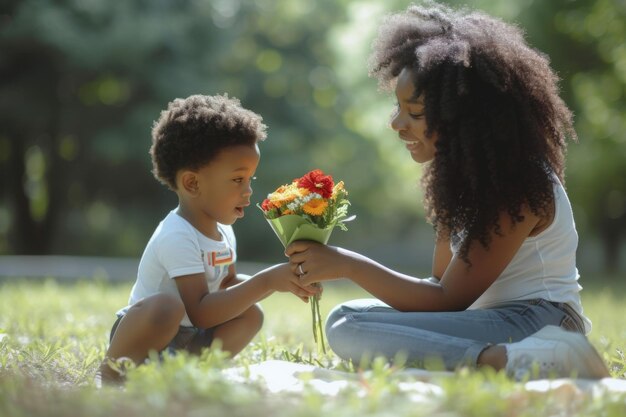 African American toddler girl giving flowers to her mother