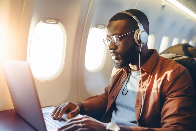 African American traveler freelance working on a laptop on an airplane