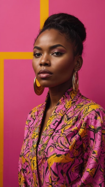 Photo african american with long curly hair in a colorful dress