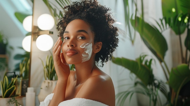 An African American woman applying face cream in the bathroom