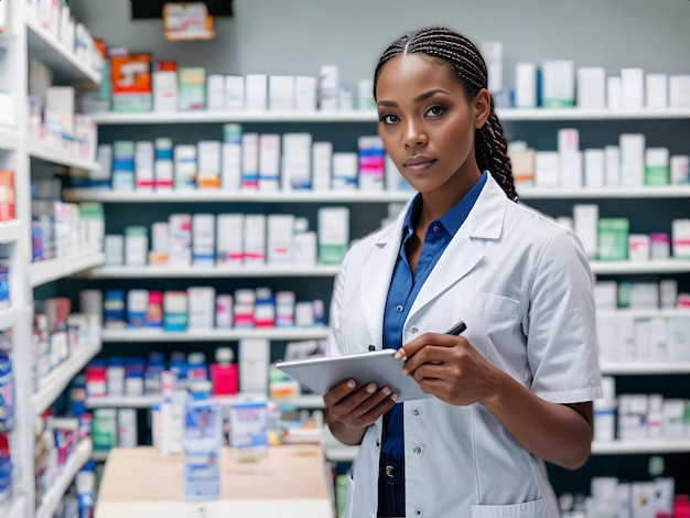 african american woman as a pharmacist in a pharmacy with a blurred background of medicine shelves