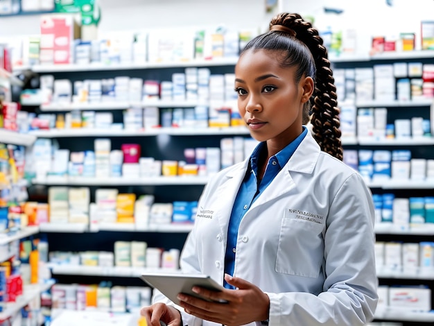 african american woman as a pharmacist in a pharmacy with a blurred background of medicine shelves