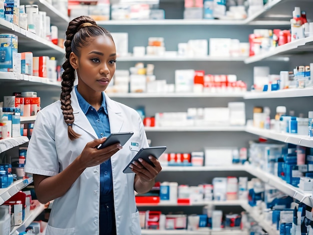 african american woman as a pharmacist in a pharmacy with a blurred background of medicine shelves