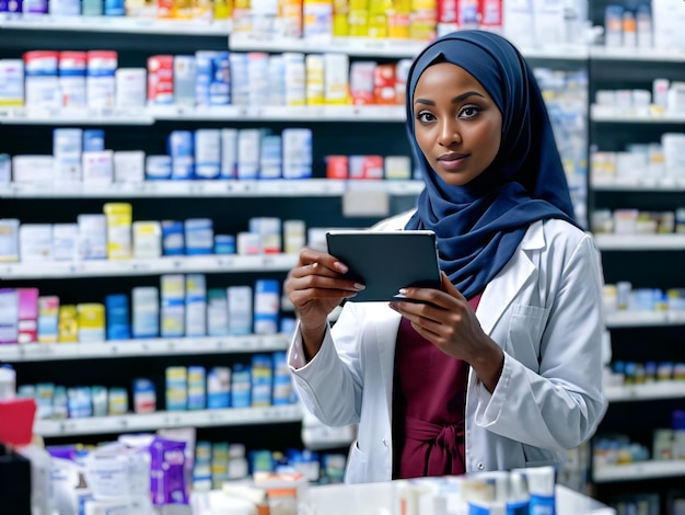 african american woman as a pharmacist in a pharmacy with a blurred background of medicine shelves