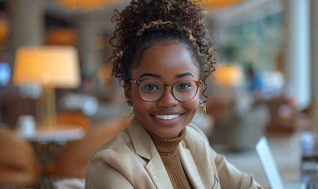 African american woman freelancer in beige suit sitting in modern cafe and working on laptop