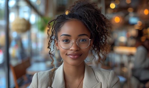 African american woman freelancer in beige suit sitting in modern cafe and working on laptop