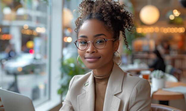 African american woman freelancer in beige suit sitting in modern office and working on laptop