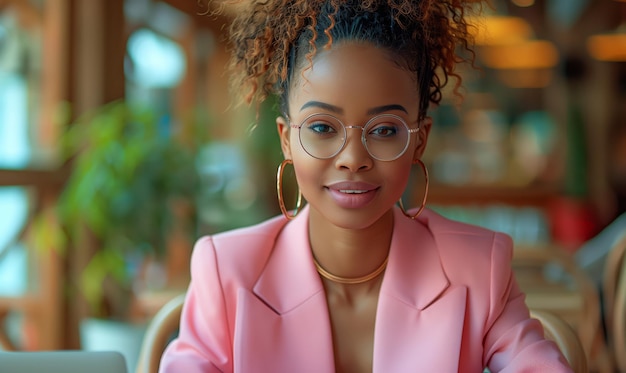 African american woman freelancer in pink suit sitting in modern cafe and working on laptop