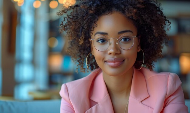 African american woman freelancer in pink suit sitting in modern cafe and working on laptop