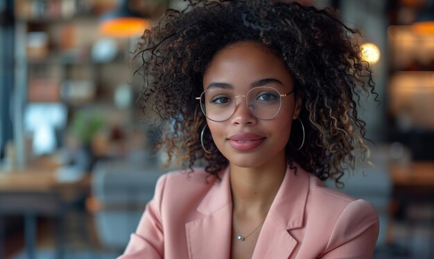 African american woman freelancer in pink suit sitting in modern cafe and working on laptop