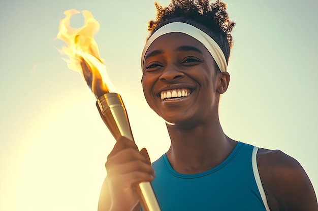 African american woman holding torch with flame Happy smiling athlete Olympics Games Fire