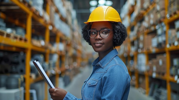 African American woman holds a flipchart in a parts warehouse where engineers and technicians inspect auto parts