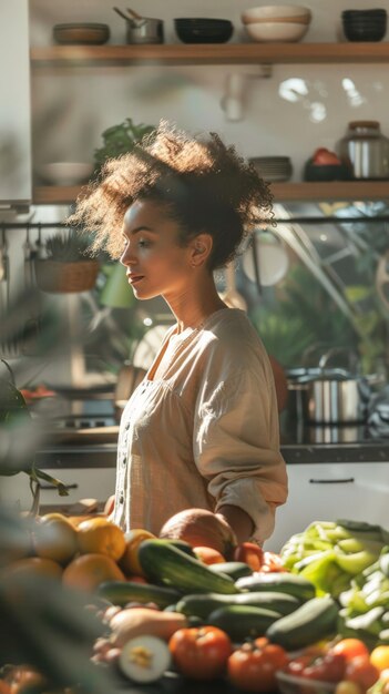 Photo african american woman in a kitchen with fresh vegetables preparing a healthy meal concept of nutrition and wellness