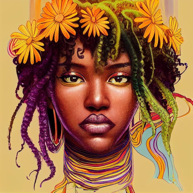 African American woman portrait with flowers colorful illustration