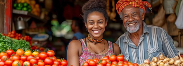 African American woman purchasing organic tomatoes and sustainable local garlic from a pleased elderly street vendor