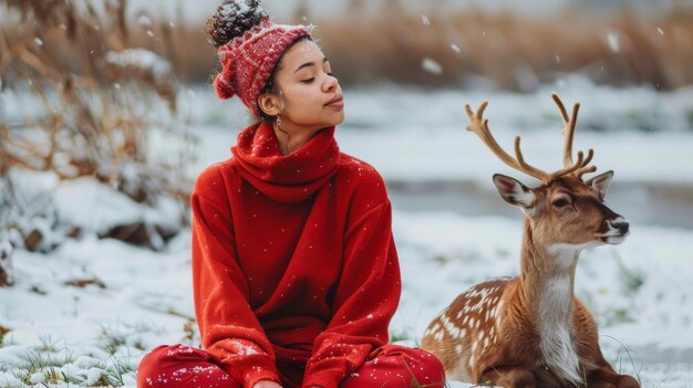 African American woman in a red coat sitting in snow with a reindeer Concept of winter nature wildlife companionship