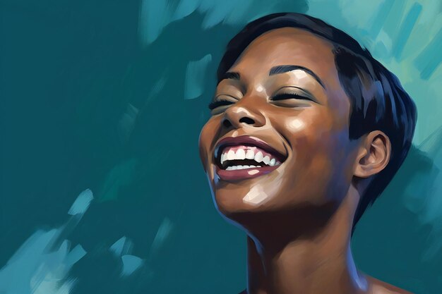 African American woman smiling with closed eyes and mouth wide open looking away