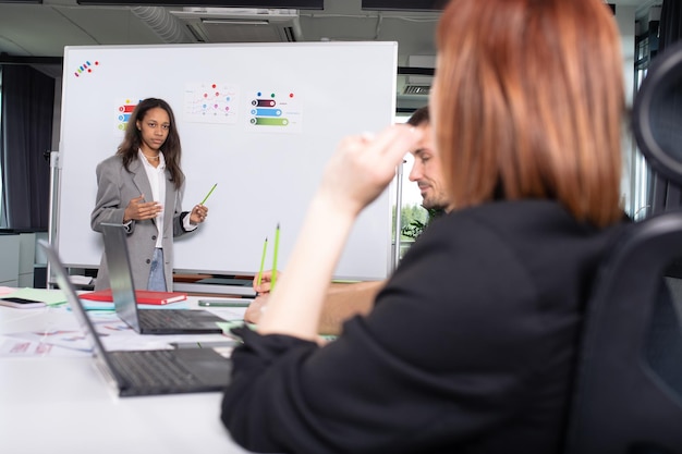 African american woman stands near a white board and tells colleagues a work plan