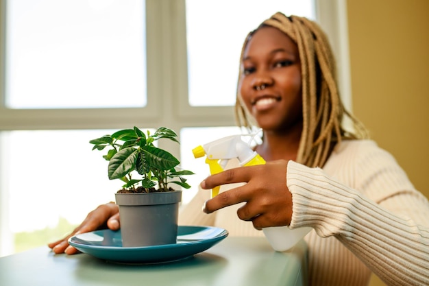 African american woman taking care and growing plant at home