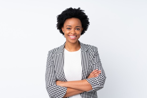 African American woman over white wall