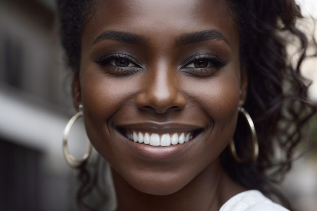 African American woman with a beautiful smile and perfect white teeth Closeup portrait