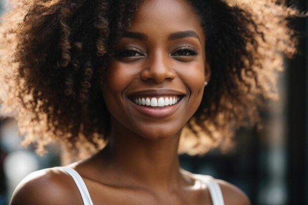 African American woman with a beautiful smile and perfect white teeth Closeup portrait