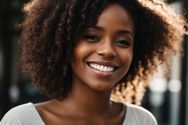 African American woman with a beautiful smile and perfect white teeth Closeup portrait