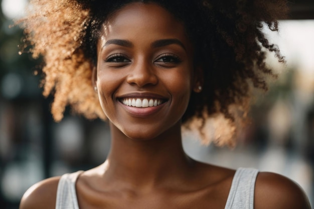 African American woman with a beautiful smile and perfect white teeth Closeup portrait