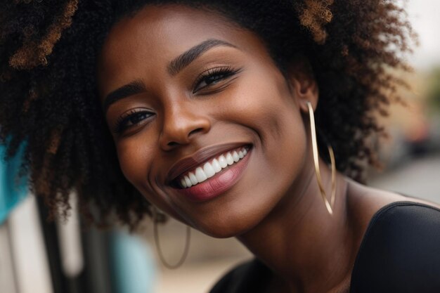 African American woman with a beautiful smile and perfect white teeth Closeup portrait