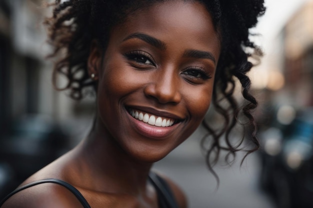 African American woman with a beautiful smile and perfect white teeth Closeup portrait