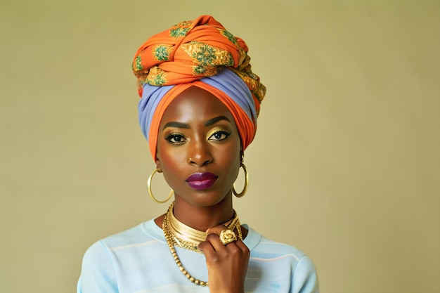 African american woman with colorful turban and golden accessories