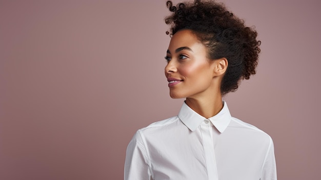 African American woman with curly hair poses sideways copy space