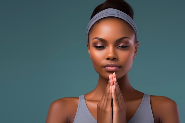 African American woman with headband on light blue background Meditation yoga spa and body wellness