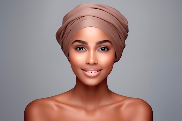 African American woman with turban in her hair on gray background Spa and body wellness concept