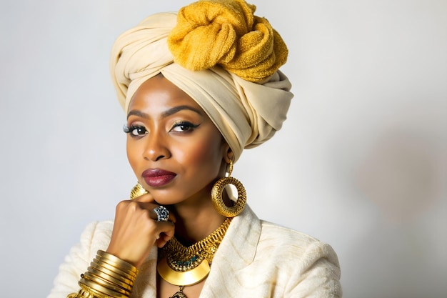 African american woman with yellow turban and golden accessories