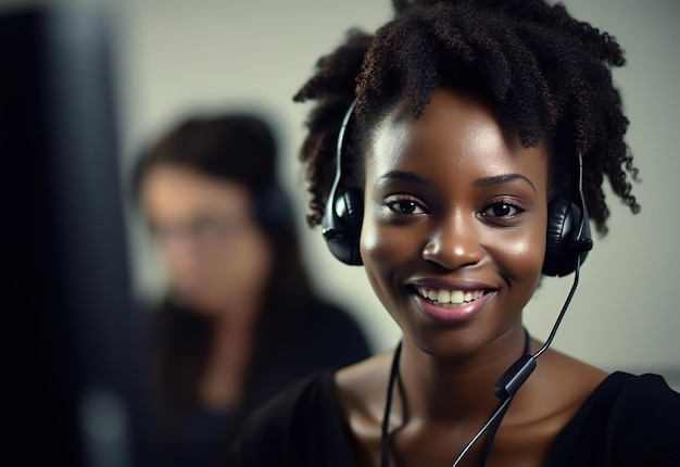 African American women operator woman agent with headsets working in a call center