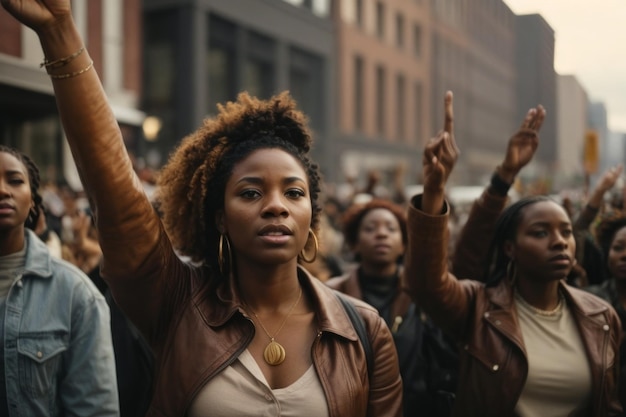 African American women protest in the streets for justice and equal rights Black lives matter activist movement protesting against racism and fighting for equality