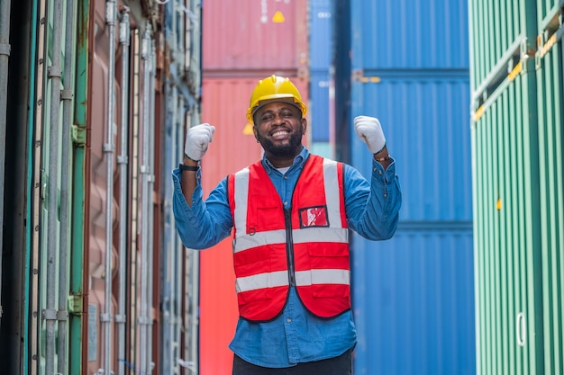 African American worker concept African American worker working in warehouse containers for logistic import export