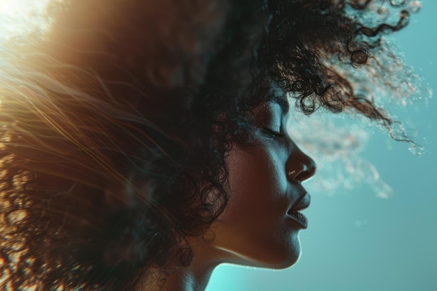 african american young female model woman shaking her beautiful afro hair in motion ad for shampoo conditioner hair