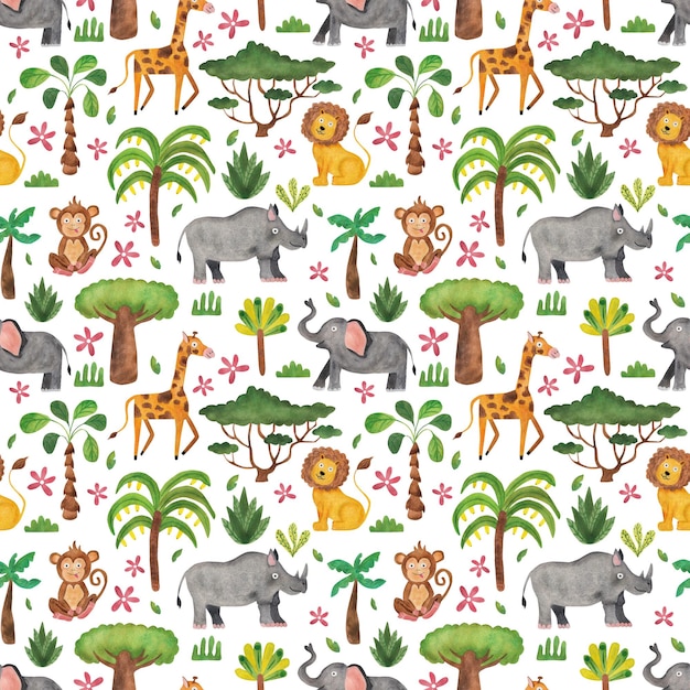 Photo african animals giraffe lion elephant rhinoceros and monkey seamless pattern savannah watercolor illustration in cartoon style